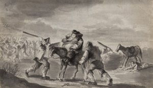 Resenär överfallen, möjligen Samuel Butlers Hudibras, ca 1790 (penna, pensel och bläck på papper) av Unbekannt Unbekannt