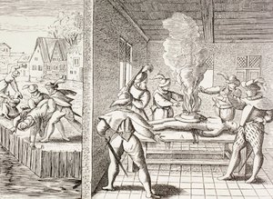 1500-talspropaganda som illustrerar Gueux våld mot katolikerna, från "Militärt och religiöst liv under medeltiden" av Paul Lacroix publicerad i London cirka 1880 av Unbekannt