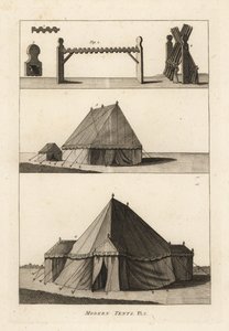 Militärtält från 1700-talet: häst eller ställning för eldlås 1,2,3, musköter på ställning 4, laboratorietält tillhörande artilleriet 5, fältofficers tält eller markis 6 av Unbekannt