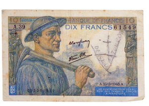 1942 10-francs sedel av Unbekannter Künstler