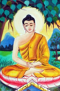 20151029, Vientiane, Laos: Wat Inpeng buddhisttempel. Målning som skildrar Shakyamuni Buddhas livshistoria. Buddha sitter i meditationsställning av Unbekannt