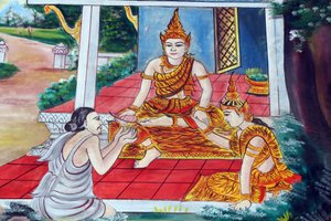 20151029, Vientiane, Laos: Wat Inpeng buddhisttempel. Jataka-sagorna är berättelser om Buddhas tidigare liv (det vill säga innan han föddes för sista gången för att bli Buddha) av Unbekannt