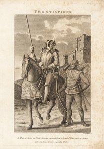 A Man at Arms i plåtrustning monterad på en barderad häst och en bågskytt i ringbrynja med sin båge, pilar och blyklubba av Unbekannt