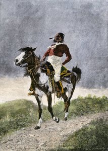 En modig comanche till häst på den södra prärien (Texas, Oklahoma, USA), omkring år 1800. Litografi av Unbekannter Künstler