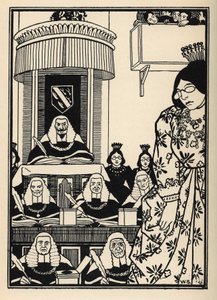 En till stor del feminin domstol framstår för baronen som en ironi som är värd att nämnas bland hans äventyr. Illustration av William Strang (1859-1921) och JB Clark från "The Adventures of the Baron of Munchausen (Munchhausen) av Rudolf Erich Raspe (1736- av Unbekannt
