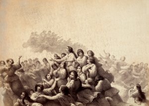 En flock själar flyger genom Paradisets firmament. Illustration av Canto III i Paradiso i Den gudomliga komedin av Dante Alighieri. Verk av Franceso Scaramuzza tillägnat Florens kommun. av Unbekannter Künstler