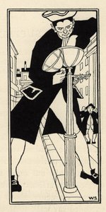 En jätte, hämtad av Baron de Munchausen från Cheese Island i England, tänder gatubelysningen utan stege. Illustration av William Strang (1859-1921) och JB Clark från "The Adventures of the Baron of Munchausen (Munchhausen) av Rudolf Erich Ra av Unbekannt