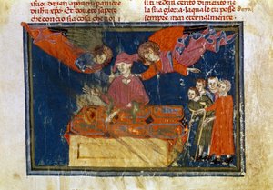 En grupp sjuka människor och en herre som gör ett barmhärtighetsverk genom att ge dem hjälp. Miniatyr hämtad från "The Works of Merciord" (ms. II, VI av Unbekannter Künstler