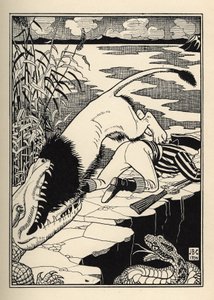 Ett lejon som ville attackera baronen de Munchausen hamnade i en krokodil. Illustration av William Strang (1859-1921) och JB Clark från "The Adventures of the Baron of Munchausen (Munchhausen) av Rudolf Erich Raspe (1736-1794) (1789) av Unbekannt