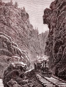 Ett tåg korsar Colorado-bergen. U.S.A. år 1886 (gravyr) av Unbekannter Künstler