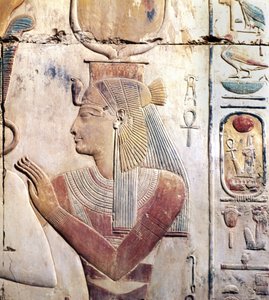 Abydos i Egypten: Osiriac Temple of Sethi (Seti) I, gudinnan ISIS.