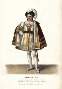 Skådespelaren Pierre Marie Nicolas Michelot som Comte Almaviva i Le Barbier de Seville av Pierre Beaumarchais, Theatre Français. Handkolorerad litografi av F. Noel efter en illustration av Alexandre-Marie Colin från Portraits d