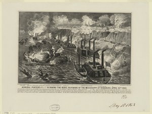 Amiral David Dixon Porters flotta som kör rebellblockaden på Mississippi i Vicksburg den 16 april av Unbekannt