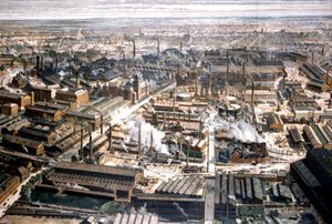Flygfoto över Krupps fabrik i Essen, ca 1920 (gravyr) av Unbekannter Künstler