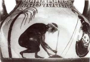 Ajax förbereder sig för sin död, illustration efter en grekisk kratervas från 600-talet f.Kr. (gravyr) (s/v foto) av Unbekannt
