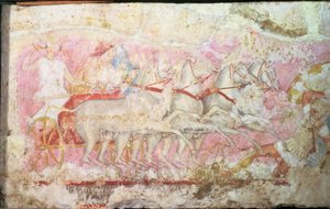 Amazoner som kör en vagn, detalj från sidan av Amazonas sarkofag, Tarquinia, 300-talet f.Kr. (tempera på alabaster) (detalj av 85168) av Unbekannt