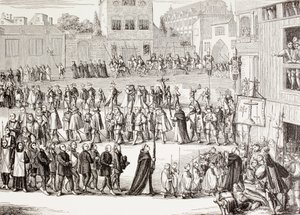 En Auto-da-fe, eller Act of Faith, procession i Spanien, efter en gravyr från 1400-talet, från "Military and Religious Life in the Middle Ages" av Paul Lacroix publicerad i London cirka 1880 av Unknown