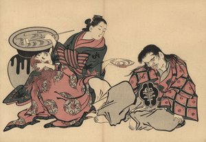 En oiran-kurtisan spelar mot två shojo med sake från en stor vas. Träsnitt av Masanobu Okumura (1686-1764) från Fuzoku Emakimono, Picture Scroll of the Water Trade, Tokyo, nytryck cirka 1880. av Unbekannter Künstler