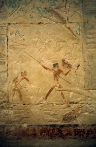 Forntida Egypten: Saqqarah (eller Saqqara eller Sakkarah): det gamla imperiets begravningsplats, ädlingens grav. Detalj av relieferna som visar en fiskeplats.