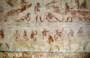 Forntida Egypten: Saqqarah (eller Saqqara eller Sakkarah): det gamla imperiets begravningsplats, ädlingens grav. Detalj av relieferna som representerar konstruktionen av en båt.