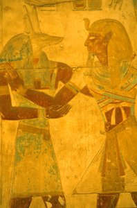 Forntida Egypten, Väggmålning/snideri, Seti I som omfamnar guden Anubis, Temple of Seti I, Abydos
