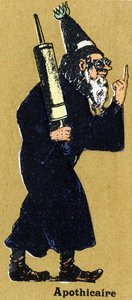 Apotekare med en clyster. Illustrerat alfabet. Bilder återförenades i Jarville-Nancy, början av 1900-talet. Mått: 40 x 29 cm. Litografi på en bistre bakgrund av Unbekannt