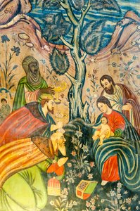 Armeniska apostoliska kyrkan; Väggmålning; Tillbedjan av Magi; Jesus Kristus; Maria och Josef; de tre vise männen ger gåvor; Betlehemskyrkan eller Bedkhemskyrkan; Julfa härad eller Jolfa; Isfahan; Iran; Asien av Unbekannt