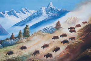 Konst; målning av en flock jakar nedanför berget Ama Dablam; Lantliv; galleri i Katmandu; Nepal; Asien av Unbekannt