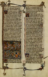 Arthurlegenden (jakten på den heliga graalen) : Benoic jagar saxare och slaget vid Danablaise är två illuminationer från manuskriptet History of Merlin, från 1200-talet mellan 1280-1290 av Unbekannter Künstler