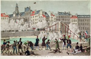 Attack av rådhuset i Paris och slaget vid bron i Arcola, 28 juli 1830 (gravyr) av Unbekannter Künstler