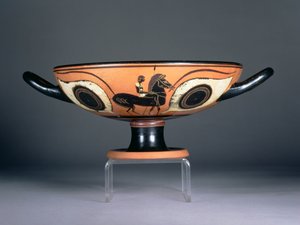 Attisk ögonkopp med svart figur, med tillagd röd och vit dekoration föreställande en häst och ryttare, 480-450 f.Kr. (keramik) av Unbekannt