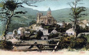 Auvergne, Puy-de-Dome (63), Saint Nectaire (Saint-Nectaire): utsikt över byn och kyrkan, slutet av 1800-talet - början av 1900-talet - Vykort av William M. Timlin