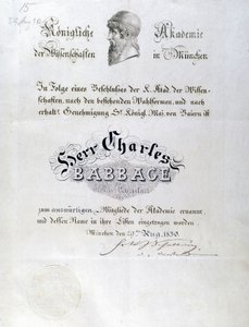Babbage Hedersdiplom tilldelas Charles Babbage av Unbekannt