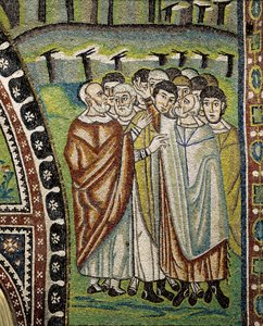Basilica of San Vitale, Detalj av lunettemosaiker ovanför ingången till ambulatoriet som representerar Aarons ledare för tolv stammar i Israel, Ravenna, Emilia-Romagna, Italien av William M. Timlin