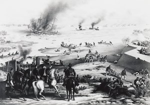 Battle of Hampton Roads eller Battle of Ironclads, USS Monitor och CSS Virginia (höger), 9 mars av William M. Timlin