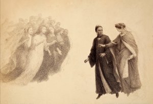 Beatrice, i Paradisets himmel, pekar ut en grupp själar för Dante. Illustration av Canto III av Paradiso av The Divine Comedy av Dante Alighieri. Franceso Scaramuzzas verk tillägnat Florens kommun. av Unbekannter Künstler