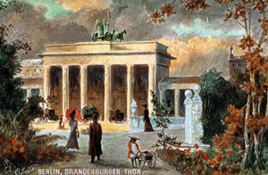 Berlin - Brandenburger Tor. Vy över Brandenburger Tor, med blommor och förbipasserande, slutet av 19/20-talet (tryck) av Unbekannter Künstler