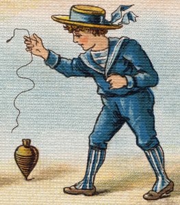 Pojke som spelar toppen. Gravyr i "Alphabet de ma petite fille". Bernardin-Bechet och Fils, bokhandlare-förlag, Paris, omkring 1895. Okrossbart album på duk. Bibliotheque des Bebes. 12 sidor. Album innehållande en läsmetod och en illustrativ abec av Unbekannt