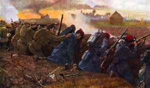 Brittiska trupper kämpar tillsammans med franska trupper för att stoppa den första tyska anstormningen, hösten 1914 av Unbekannter Künstler