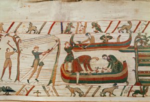Bygga fartyg under order av hertig William, Bayeux Tapestry (ullbroderi på linne) av Unbekannt