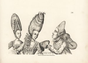 Karikatyr av modet i slutet av 1700-talet: kvinnor i höga peruker med en blomsterträdgård i bröstet och makaroner i hög peruk med en extravagant hårmassa som knutits baktill. Kopparstick efter en satirisk illustration av Timothy Bobbin (John av Unbekannter Künstler