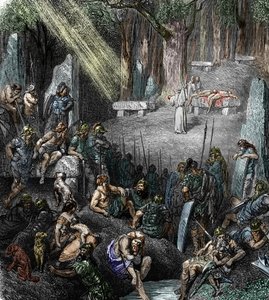 Keltisk antikvitet: "" Människooffer under en ceremoni ledd av en druid i närvaro av familjer och krigare i en skog" (Gallisk religion, människooffer under en ceremoni ledd av en druid i närvaro av familjer och krigare i en skog) Gravyr f