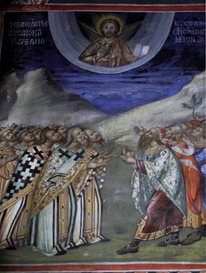Kristus i härlighet kontrollerar de timliga och andliga krafterna Bysantinsk fresk från Agios Ioannis Lampadistis kloster, Saint-John Lampadistis 1000-talet Cypern Målade kyrkor UNESCO-plats Troodos, Cypern av William M. Timlin