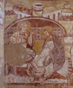 Kyrka (Église Saint-Martin). Interiör. Väggmålningar (fresk). Norra väggen i koret. Detalj. fottvätt. 1100-talet. av Unbekannt