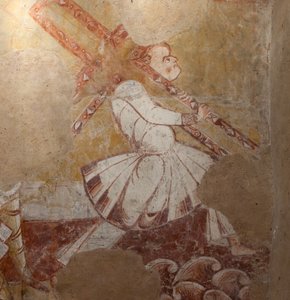 Kyrka (Église Saint-Martin). Interiör. Väggmålningar (fresk). Norra väggen i koret. Detalj. Simon från Cyrene bär korset. 1100-talet. av Unbekannt