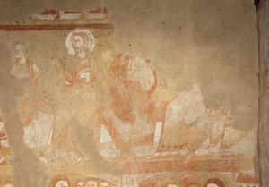 Kyrka (Église Saint-Martin). Interiör. Väggmålningar (fresk). Vagnhusets västra vägg. Detalj. Apostlar. 1100-talet. av Unbekannt