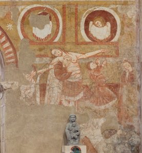 Kyrka (Église Saint-Martin). Interiör. Väggmålningar (fresk). Vagnhusets västra vägg. Detalj. Nedstigning av korset. 1100-talet. av Unbekannt