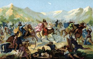 Clovis I (466-511), kung av frankerna, under slaget vid Tolbiac 496 mot den germanska stammen alamanerna, lovade att konvertera vid seger. Slutet av 1800-talet (kromolitografi) av Unbekannter Künstler