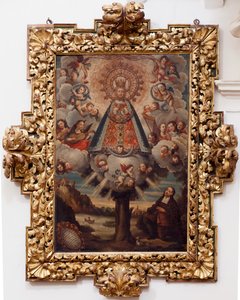 Kollegial kyrka. Inuti. Målning. (Our Lady of Hope). Text i en medaljong: "PORTRÄTT ALL THE MIL CROSA Imajen DNUESTRA S DL Esperanza A Liknande Fernando de ZILLLa Faña iezi rodela Villa Riue mde el Tajo ter mi?to esta villa". signerad? och av Unbekannt