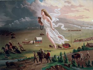 Begreppet Manifest Destiny: Allegorisk kvinnofigur som bär en elektrisk telegraftråd och leder amerikanska pionjärer och järnvägar västerut, medan indianer, bufflar och björnar retirerar framför dem. Kromolitografi från 1873.